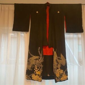 Antique Black Kimono Robe with Red Lining